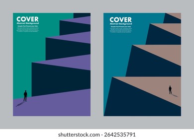 Abstract vector illustration of a person facing geometric cliffs with bold shadows and perspective. Modern conceptual background for cover design or creative storytelling.