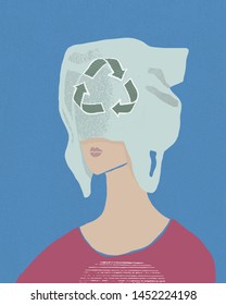 Abstract vector illustration of a person with a plastic bag on his head. Nature conservation concept. Hand drawn artwork poster in trendy naive style.