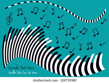 abstract vector illustration of piano keyboard, notes, treble clef and place for your text isolated on blue background