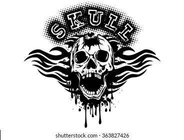 Abstract vector illustration pierced skull on grunge splash with tribal patterns