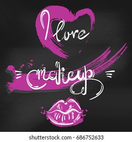 Abstract vector illustration with pink lips, heart. I love makeup. Background for design of postcard, banner, poster, flyer. Lettering and calligraphy. Fashion illustration.