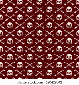 Abstract vector illustration pink skulls on maroon backdrop. Seamless background for print on fabric or t-shirt.