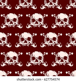 Abstract vector illustration pink skulls on maroon backdrop. Seamless background for print on fabric or t-shirt.