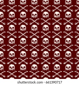 Abstract vector illustration pink skulls on maroon backdrop. Seamless background for print on fabric or t-shirt.