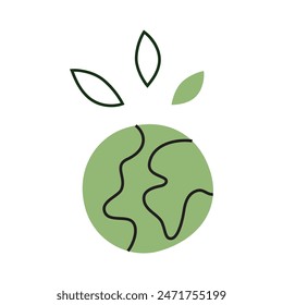 Abstract vector illustration of planet Earth with leaves on top, symbolizing ecology and environmental protection. Eco-friendly concept, green living, sustainability, conservation. Flat cartoon style