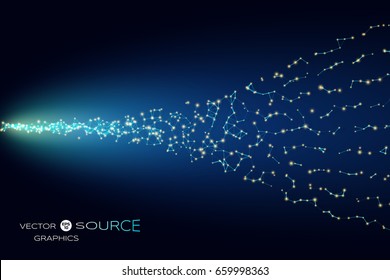 Abstract vector illustration. Plexus elements and particles flying away from the source. Element for technical or science design.