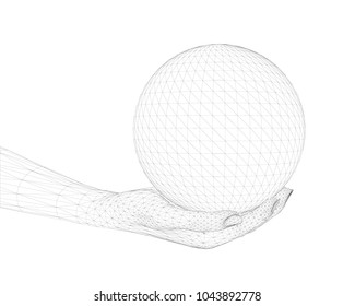 Abstract vector illustration with a polygon sphere in the human hand. Conceptual background to the protection of nature. 3D Sphere with hand isolated on white background. Vector illustration.