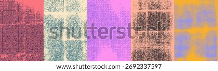 Abstract vector illustration in pop art style with five vertical panels. Bright red, blue, cream, pink, black, orange, yellow, and purple colors. Brick-like textures and dotted patterns.