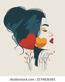 Abstract vector illustration, portrait profile of a woman with a red and orange heart symbol of love, romance and freedom. Can be used for print, postcard Valentine's Day, Women's Day