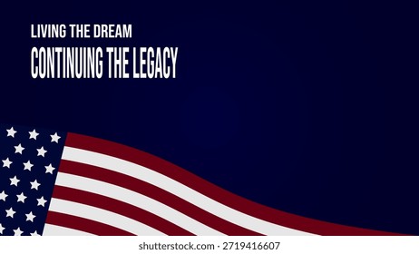 Una Ilustración vectorial abstracta Un gráfico conmemorativo profesional para el Día de Martin Luther King Jr. 2026. El diseño presenta el texto inspirador "The Dream Lives On" junto con una silueta del Dr. King en un podio y una bandera ondeando de Estados Unidos. Con un fondo azul marino profundo, esta ilustración patriótica es ideal para redes sociales, materiales educativos y promociones de eventos comunitarios en honor al líder de los derechos civiles