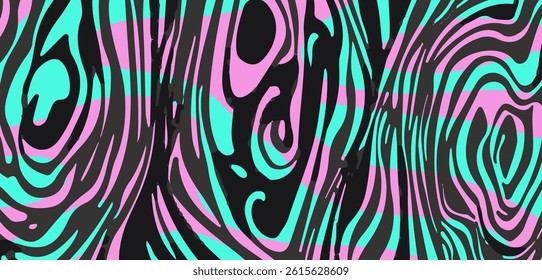 Abstract vector illustration with psychedelic, wavy black stripes over pink and turquoise background. Dynamic, bold, and vibrant pattern suitable for modern backgrounds or creative projects.