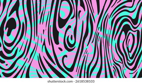 Abstract vector illustration with psychedelic, wavy black stripes over pink and turquoise background. Dynamic, bold, and vibrant pattern suitable for modern backgrounds or creative projects.