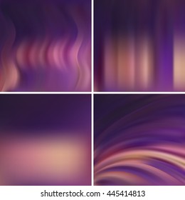 Abstract vector illustration of purple background with blurred light waves. Set of four square backdrops. Curved lines.