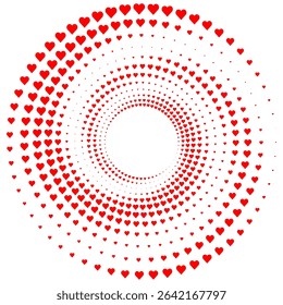 Ilustração vetorial abstrata de corações coloridos espalhados aleatoriamente, vórtice espiral festivo,