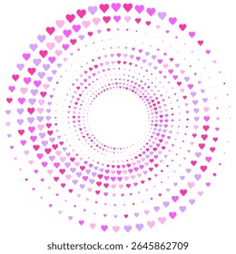Ilustração vetorial abstrata de corações coloridos espalhados aleatoriamente, vórtice espiral festivo,