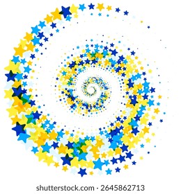 Ilustração vetorial abstrata de estrelas coloridas espalhadas aleatoriamente, vórtice espiral festivo,