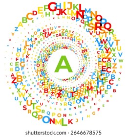 Ilustração vetorial abstrata aleatoriamente dispersas coloridas letras inglesas alfabeto ABC vórtice espiral
