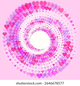 Ilustração vetorial abstrata de corações coloridos espalhados aleatoriamente, vórtice espiral festivo,