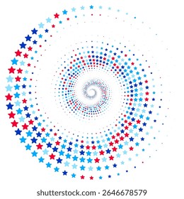 Ilustração vetorial abstrata de estrelas coloridas espalhadas aleatoriamente, vórtice espiral festivo,