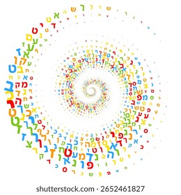 Ilustração vetorial abstrata aleatoriamente dispersas coloridas letras hebraicas Alfabeto judeu espiral vórtice