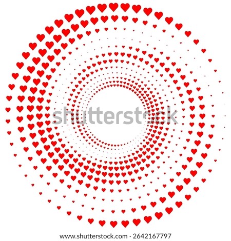 Abstract vector illustration of randomly scattered colorful hearts, festive spiral vortex,
