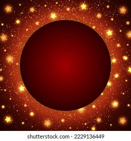 Abstract vector illustration red background with shining stars and round button banner for design