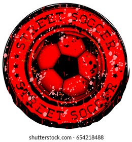 Abstract vector illustration red and black shabby stamp with football ball. Inscription street soccer with stars. Design for print on fabric or t-shirt.