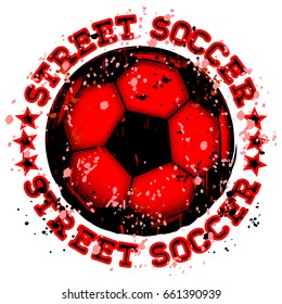 Abstract vector illustration red and black shabby stamp with football ball. Inscription street soccer with stars. Design for print on fabric or t-shirt.