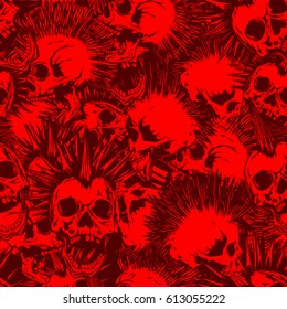 Abstract vector illustration red and bordeaux punk skulls with mohawk hair seamless background. Design for print on fabric or t-shirt.