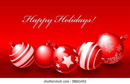 Abstract vector illustration of red christmas balls over a red background with text happy holidays