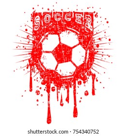 Abstract vector illustration red inscription soccer with football ball on grunge background. Design for print on fabric or t-shirt.