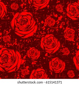 Abstract vector illustration red and maroon roses. Seamless grunge background for print on fabric or t-shirt.