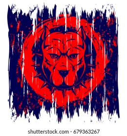 Abstract vector illustration red portrait of fighting dogs on grunge dark blue background. Head of dog breed pit bull in collar with spikes. 