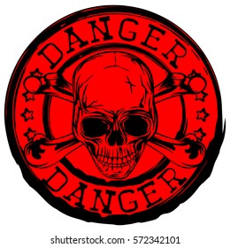 Abstract vector illustration red round stamp with lettering danger and skull with crossed bones