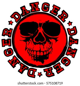 Abstract vector illustration red round stamp with  lettering danger with stars. In center stamp symbol grunge skull