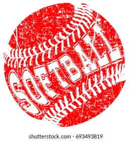 Abstract vector illustration red scratched baseball ball. Inscription softball. Design for tattoo or print t-shirt.