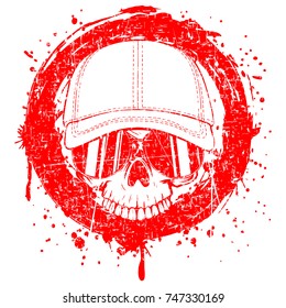 Abstract vector illustration red scratched skull without lower jaw in sunglasses and baseball cap on grunge background. Design for tattoo or print t-shirt.