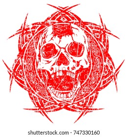 Abstract vector illustration red shabby stamp human broken skull with open jaw on round ornament with celtic knot. Design for tattoo or print t shirt.