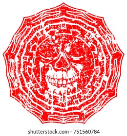 Abstract vector illustration red shabby stamp human skull on round ornament. Design for tattoo or print t shirt.