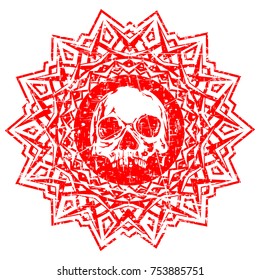 Abstract vector illustration red shabby stamp human skull on round ornament. Design for tattoo or print t shirt.