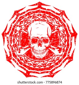 Abstract vector illustration red shabby stamp human skull with crossed bones on round ornament. Design for tattoo or print t shirt.