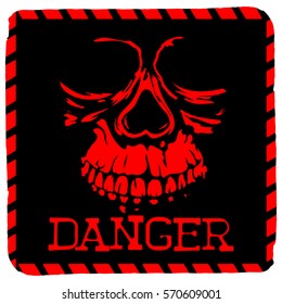 Abstract vector illustration red square symbol skull with lettering danger