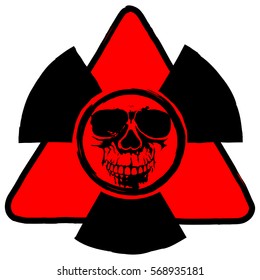 Abstract vector illustration red triangle radiation symbol and grunge skull