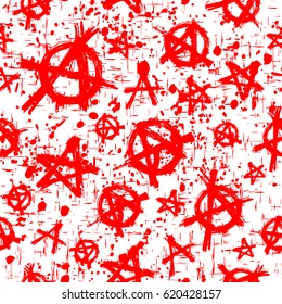 Abstract vector illustration red and white seamless background. Symbols anarchy on grunge backdrop. For print on textile or wallpaper.