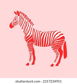 Abstract Vector Illustration with a Red-white Zebra Isolated on a Light Coral Pink Background. Wild African Animal Print ideal for Wall Art, Poster, Card. Pink Safari. Simple Hand Drawn Zebra. RGB.