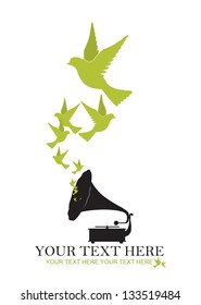 Abstract vector illustration of retro gramophone  and birds.