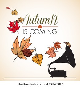 Abstract vector illustration of retro gramophone and leaves.