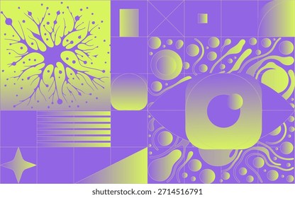 Abstrakte Vektorgrafik im Retro-Futuristischen Stil mit einem Auge, Neuronen, geometrischen Formen und organischen flüssigen Formen. Konzeptuelle Vektorgrafik für Wissenschafts-, Vision- und Technologiethemen.