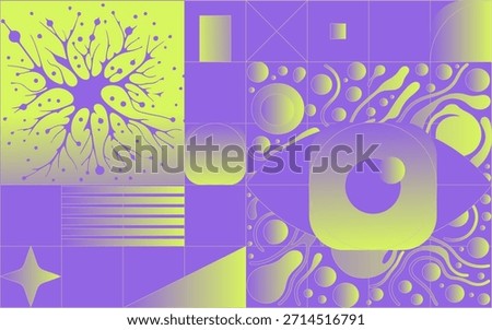 Abstract vector illustration in retro-futuristic style with an eye, neuron, geometric shapes and organic fluid forms. Conceptual vector illustration for science, vision, and technology themes.