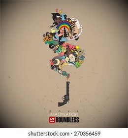Abstract vector illustration with revolver  and magic smoke.